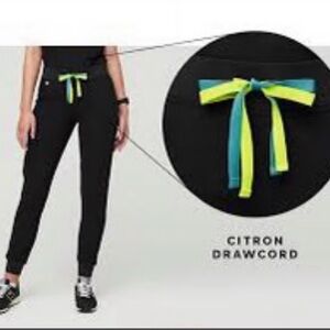 Figs Black Scrubs with Neon Green Drawcord